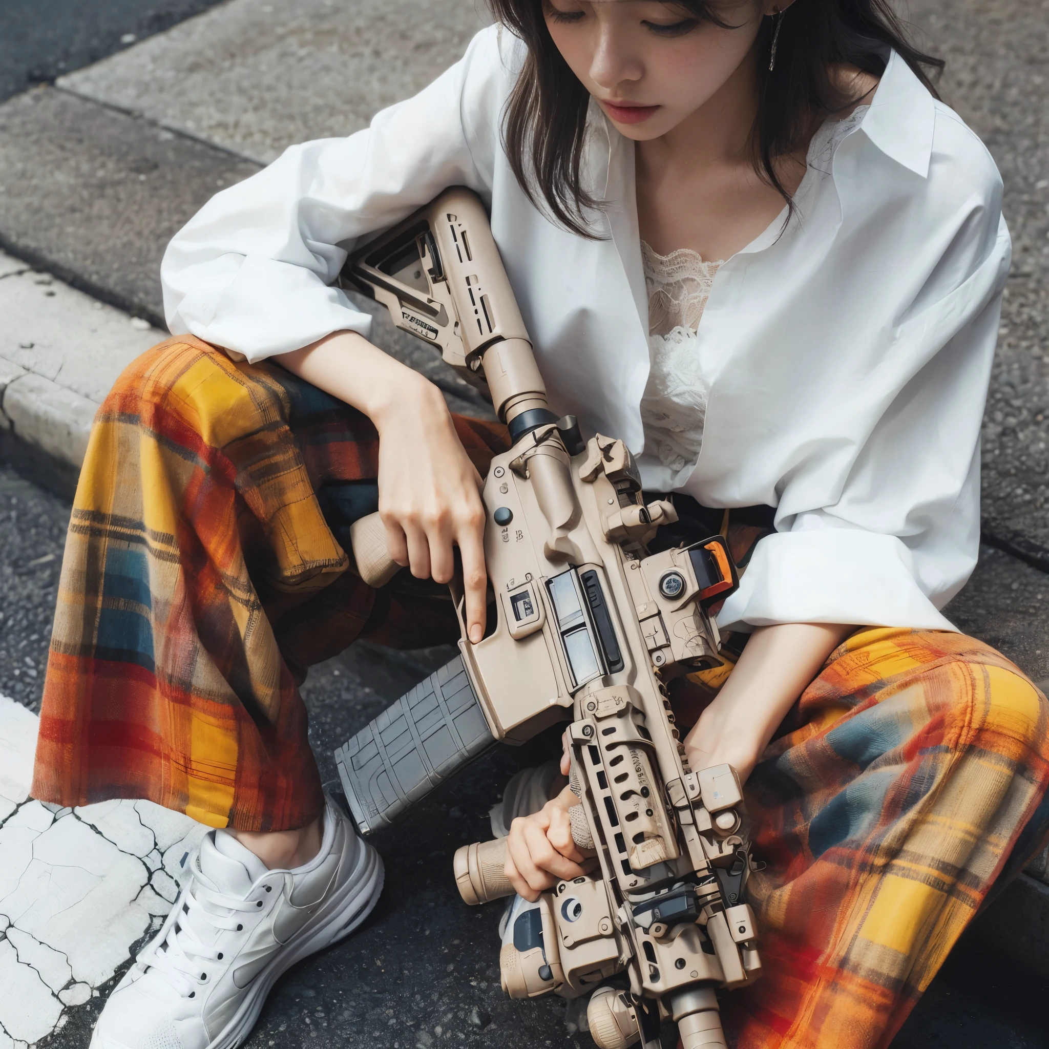 Realistic Photo、Beautiful Japanese Women、Tie-up hair、Near future、AD2050、White oversized dress shirt、Brightly colored wide pants、Used automatic rifle、sneakers、noon、Fire in the distance、walk
、Innovative composition、