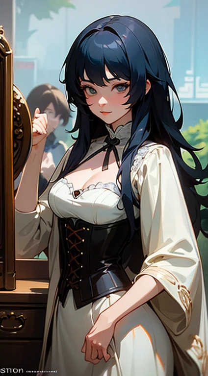 Close-up of a woman in a dress standing near a dressing table,guweiz masterpiece,guweiz,guweiz style artwork,8k high quality detailed art,cgstation trends,cgstation trends,Beautiful charming anime woman,Very detailed and rich costumes,Steampunk beautiful anime woman,Elegant corset