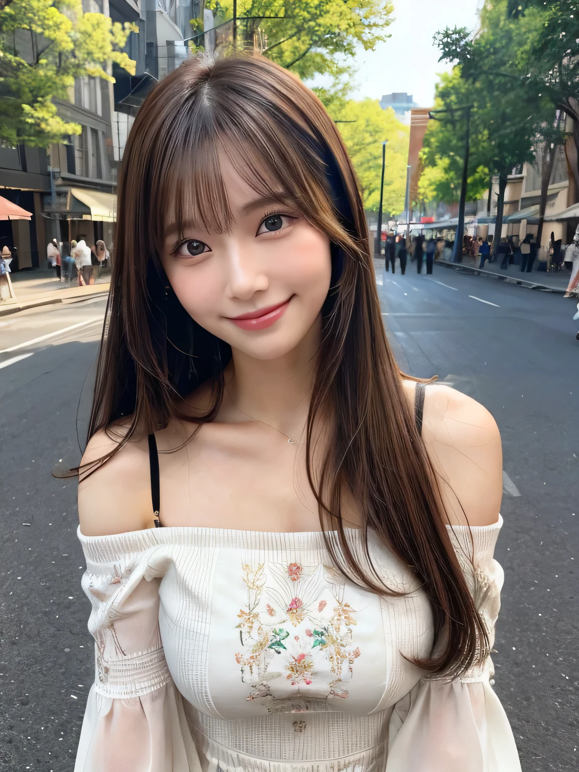 Upper body photo、Take close-up photos of your face、Large Breasts、 Large Breasts Cleavage, Natural Lip、Fair skin、Great light、Beautiful lighting、Hair swaying in the wind、((Straight hair:1.2))、Brown Hair、Blunt bangs、Detailed embroidery、Off-the-shoulder dress、Gorgeous Accessories、Outdoor Background、smile、cute smile、Crowds in the city