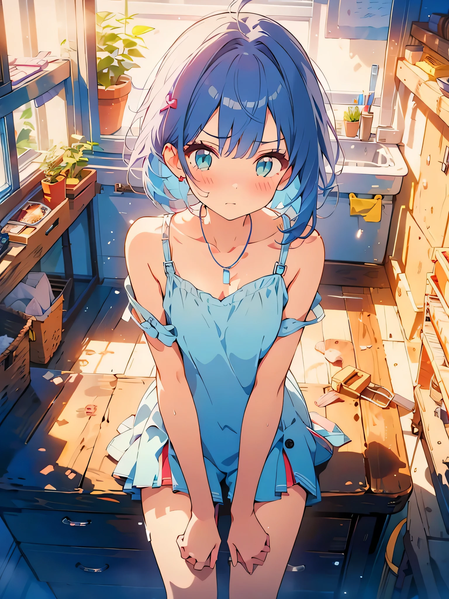 NSFW:1.4,masterpiece, best quality,(((color trace))),looking at viewer,((short stature)),
1girl, solo, open eyes,Embarrassing,((((blue hair)))),green eyes,grim eyes, pigtail, blush, shortcut hair,necklace,Town background, between legs, bow, facing viewer, small breasts, feet out of frame,depth of field,outside,completely naked,