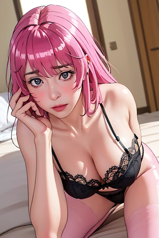 Ultra realistic, open shot, best quality, dream aesthetic (a little blurry in cinematic vibrant light), ultra-detailed, fine details, high resolution (image taken by analog camera), Perfect dynamic composition, illuminated pale skin, perfect shading, beautiful (realistic) detailed clear eyes, black lingerie, pantyhose, pale-pink hair, long messy (silky) hair (pale pink), natural big breasts, Natural Color Lip, face with shy and sad expression, Random and sensual poses, bedroom (background unfocused)、20 year old、dream atmosphere