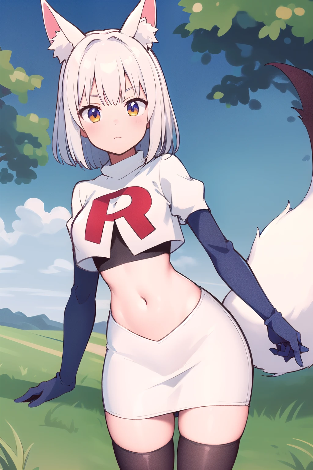 (masterpiece, best quality, highly detailed), 1girl, cowboy shot, lico, outside, trees, grass, sun, clouds, sky, team rocket,team rocket uniform,white skirt,red letter R,crop top,black thigh-highs,black elbow gloves , blush, fox ears, fox tail