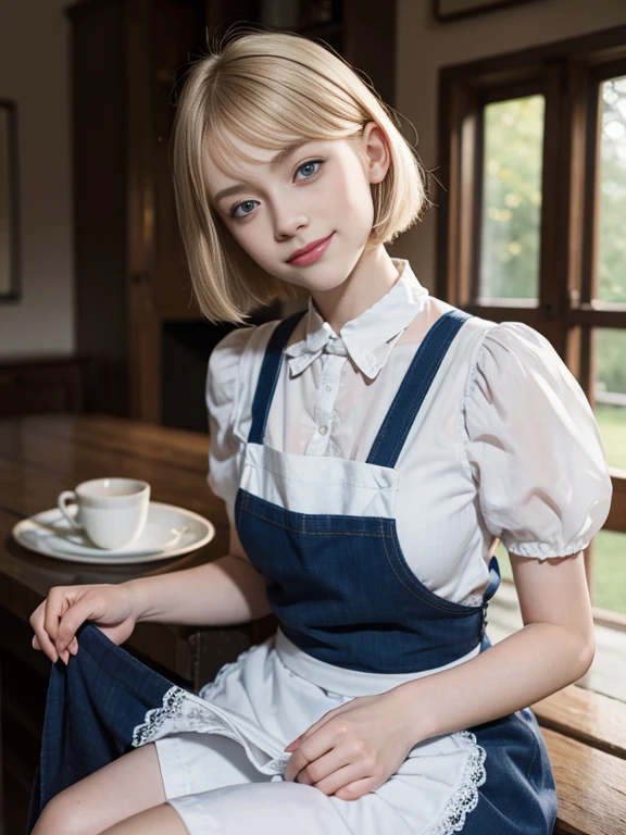 8K,Masterpiece,One woman,Smile,28 years old,blue eyes,Blonde Hair,Short Bob Hair,Maid clothes,Ella Freya, a beautiful Dutch YouTuber(Ella Freya),