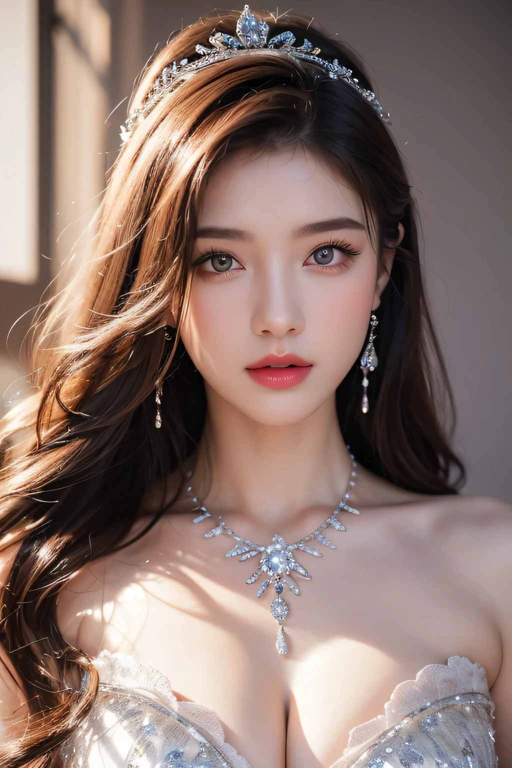 High-quality work，Realistic works，Super premium graphics，8K HD CG works，high quality graphics，High-definition and exquisite CG works，10x pixels，Ultra-fine details：1.1，Advanced technical details：1.1Realistic photo effects，Interior lighting effects：1.5，natural soft light：1.5. Light effect（Virtual light effects：1.8），ultra high resolution，shining dress，sliver long hair，silber hair，transparenthair，high detailed hair（Quality hair details：1.1）Clear eyes，Double eyelids look good，Sharp eye makeup, Create exquisite eyelash makeup, tthin eyebrows, Ultra-detailed eyes，a tall nose, lovely red lips, rosey cheeks, With delicate makeup on her face , pretty face, The face shape is perfectly proportioned,（Advanced facial details：1.1）Gentle and beautiful girl, (185cm美女), (fit), Imperial sister, Queen temperament, White skin, ((Long legs)), perfect facial features, Bright Eyes, Seductive pose, Red lips, Beautiful and cold (A major breakthrough)), Beautiful and heroic, Soft and long hair, Glittering, Lace, net, Visible through clear skin, wear glasses, diamond earrings, ruby neckLace, (Purple dress), 8K Image Quality, (Realistic Portraits), Characters fill the screen, (Facial lighting), ((eternal) ，Women's artwork，Dress full body video，Realism，Amazing Cleavage，My eyes are very bright today
