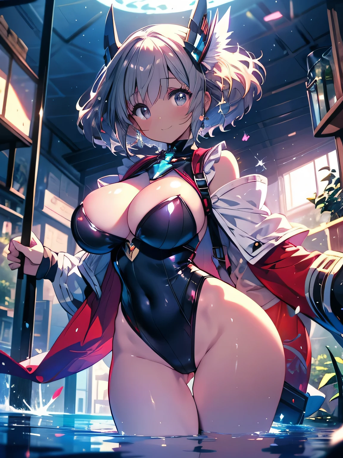 Anime illustration、highest quality、Fantasy、Alice in Wonderland、A dark-skinned, voluptuous female knight、Party Security、English Garden、Xenoblade Chronicles 2、Homura、Big Breasts、Thick legs、Beautiful, shining eyes、smile、Noise Reduction