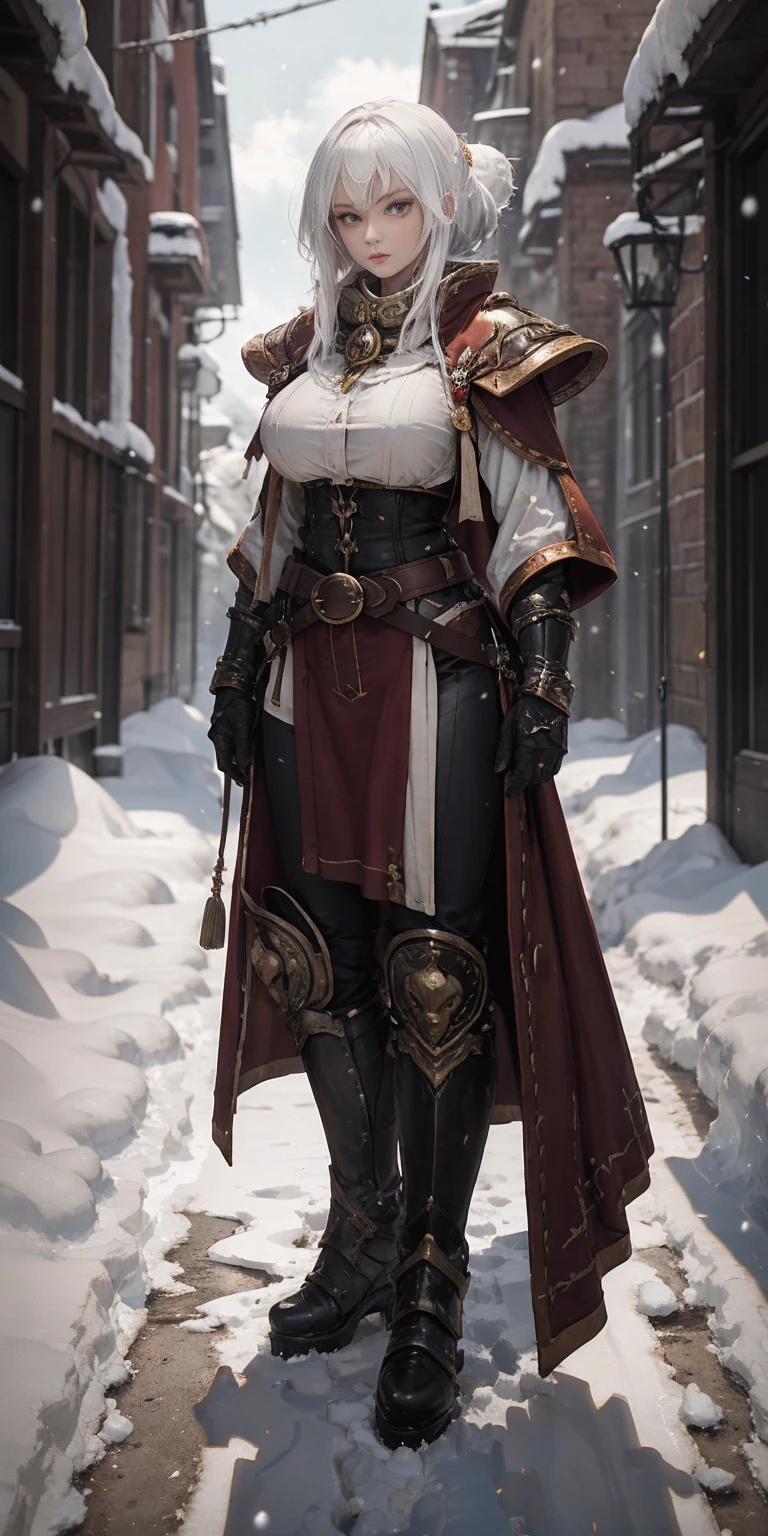 full body standing straight symmetrical, FEMALE warrior princess, big belt around waist, hair, very white skin like snow, wearing full HERBALIST CLOTHES, brown leather boots, HERBALIST outfit, MILF bimbo