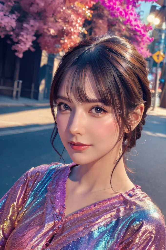 best quality, 8k, highly detailed face and skin texture, high resolution, sexy girl in colorful dress, fantastic style background image, magical style, sharp focus