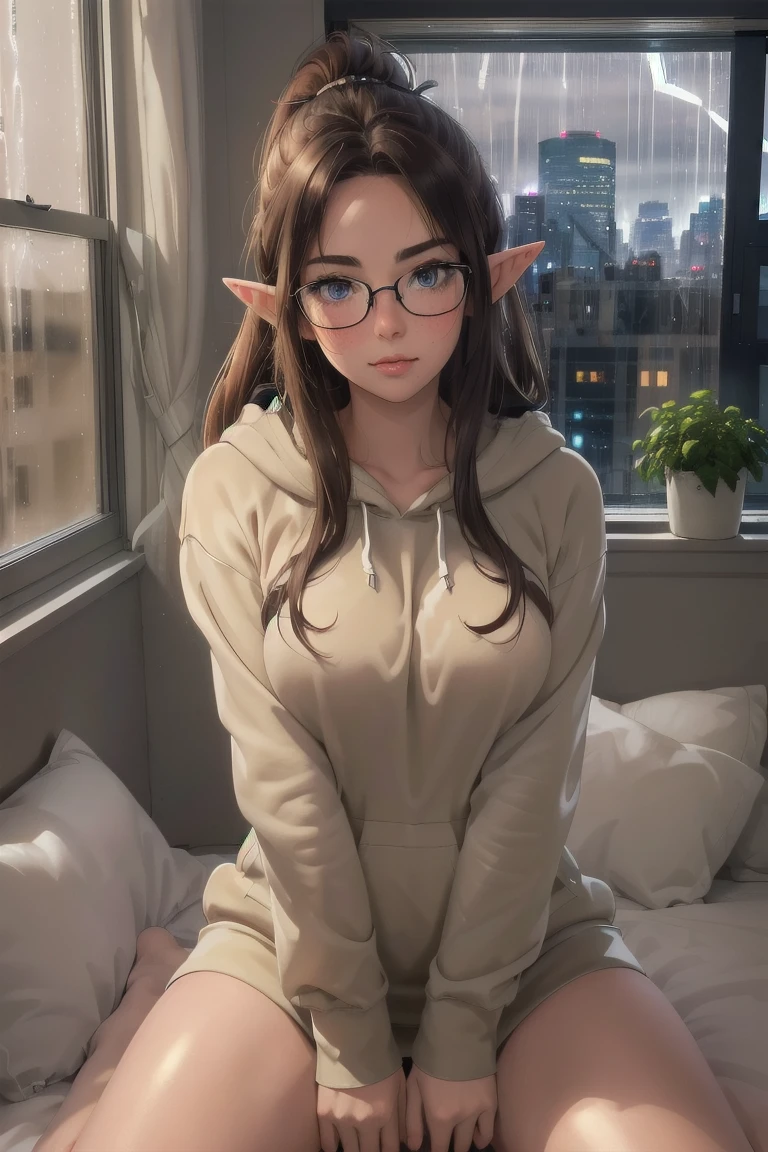 (elf girl), master piece, blushing, freckles, wide hips, slim waist, thick thighs, masterpiece, best quality, sfw, mature 36 year old woman, brown hair, moist face, wavy hair, mouth open, shiny. lips, beutiful round eyes, oversized hoodie, (thick thighs), thick hoodie, inside city apartment, raining outside, rainy day, navy rain, inside, standing nest to bed next to window, nightime, raindrops on window, dark out, mood light, soft lap light, cozy mood, Lofi astetic, the scene emulates an immense feeling of comfort and safety, modern cityscapes, skyscraper nightlights visable through window, midnight, completely dark out, orange lighting, orange moodnlight, Beautiful eyes, the most beautiful eyes youve ever seen, shiny thighs, pointy ears, dark room, extremely dark bedroom, oversized hoodie, Extremely oversized hoodie, bare legs, ponytail,on knees on bed, knees apart, legs spread apart, hands between thighs, hands in lap, longn torso, long legs, slender thighs, insane quality, wallpaper, purfect background, beautiful japanese background visable througb window