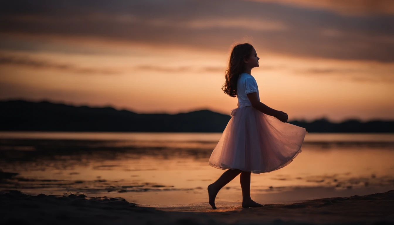 A ten-year-old girl,Has an angelic face,Wearing a beautiful skirt,How many transparent layers are there on the skirt?、Shiny colors,Soft colors。She danced under the light of the stars twinkling around her,As if in my own dream。