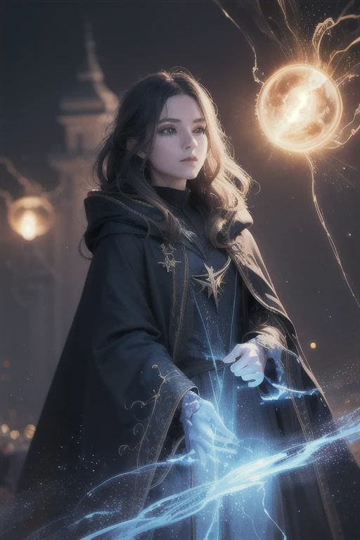 (skindentation:1.5), Realistic, Photorealistic, (masterpiece:1.5), concept art, intricate details, highly detailed, photorealistic, octane render, 8k, unreal engine 5, dynamic pose, best quality, highres, (realistic face:1.1), (hyperrealistic:1.1), ((full_body)), perfect eyes,(shiny skin:1.2), (((hairstyle))), (((perfect hands))), (extremely detailed background), ((dynamic background)), ((lightning)), (light rays), ((1girl)), wearing cloak, (((flowing cloak))), ((detailed eyes, high quality eyes, high quality face)), (extremely intricate robes, blue magical robes), very long hair, casting lightning, electricity, swirling fire, swirling water, radiating power, sparks, smoke, magic, magic circle ((dramatic)), epic, battlefield, depth of field, bokeh, 4k, gothic, ember, particles