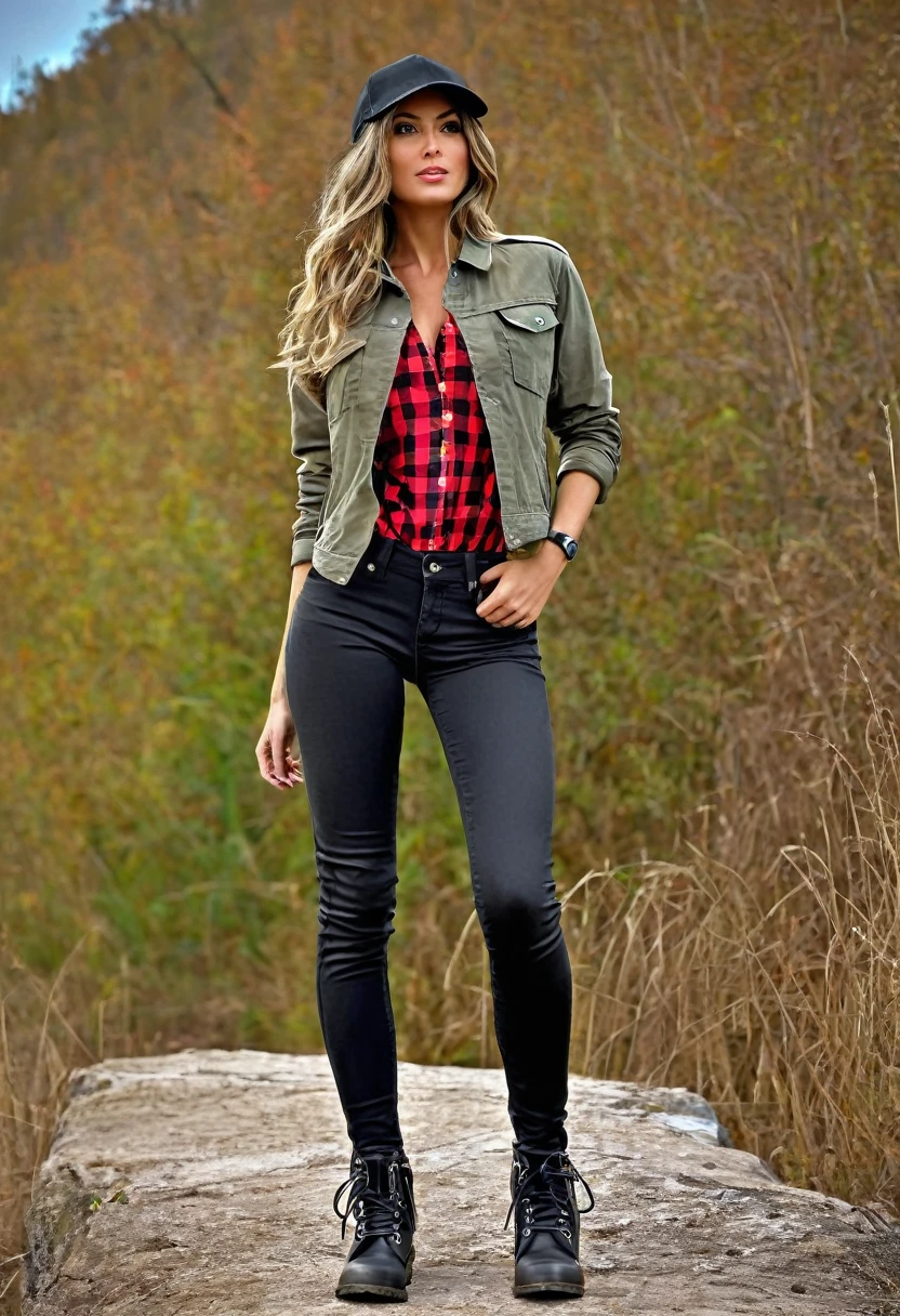 (Slim sexy body girl, long legs, tanned skin), (open khaki military long sleeves jacket), (washed-out black high-rise long tight jeggings:1.5), (tight red checkered shirt with cleavage), (hiking boots), (baseball cap), (leather gloves). photorealist. (legs spread wide showing crotch) (Sunny day).