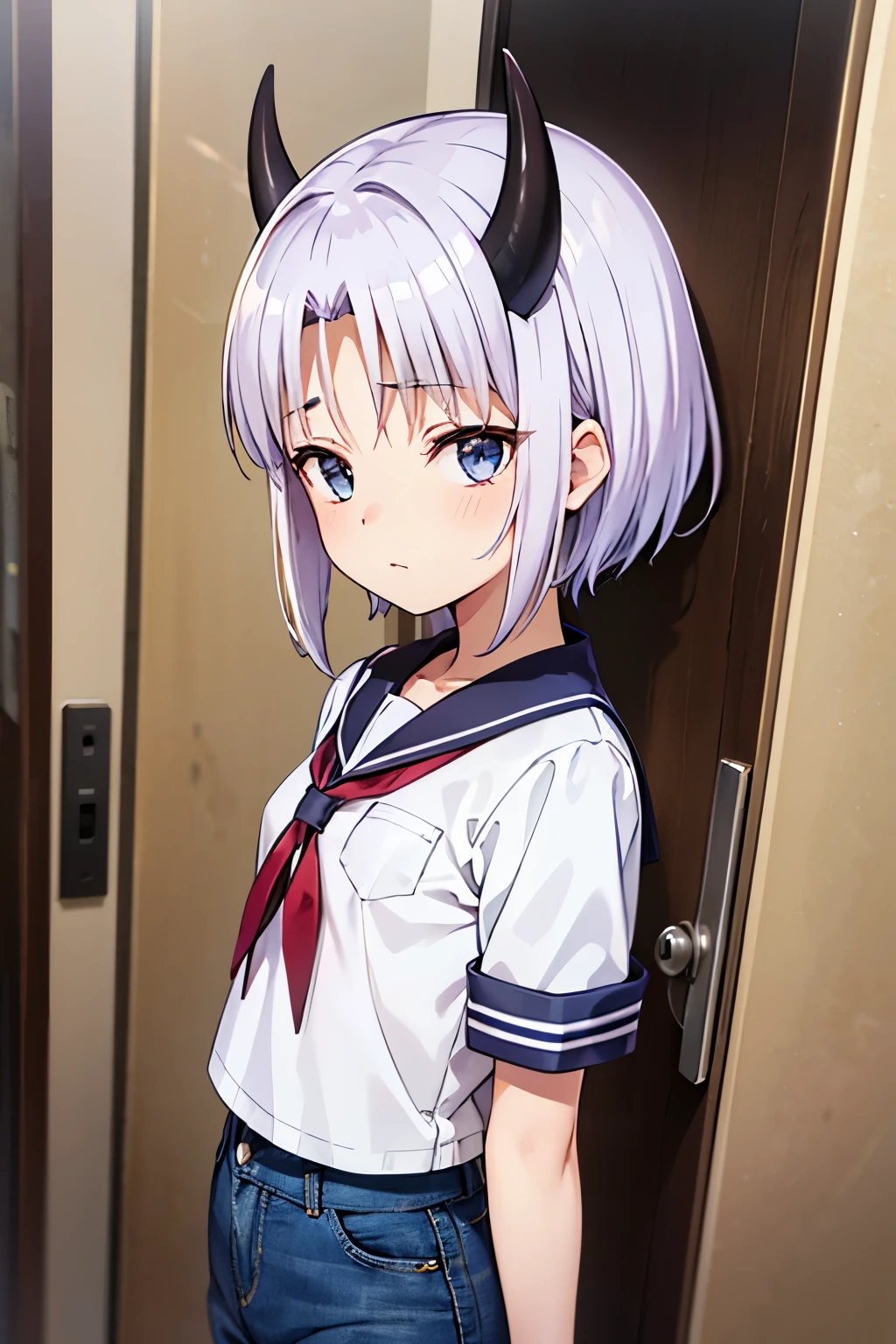 1girl,Este personaje de anime es una adolescente con cuernos de 2 y 13.2 centimeters high and 1.28 centimeters thick. Its horns are located on the upper left side of its head and show traces of its former life as a Hollow helmet.. 

Tiene el pelo 4.78 gris 3.45 Short white hair Her breasts are small, con una altura de 2 y 1.5 centimeters high and a thickness of 1.10 centimeters. He is ************ Short sleeve sailor suit,  y jeans.