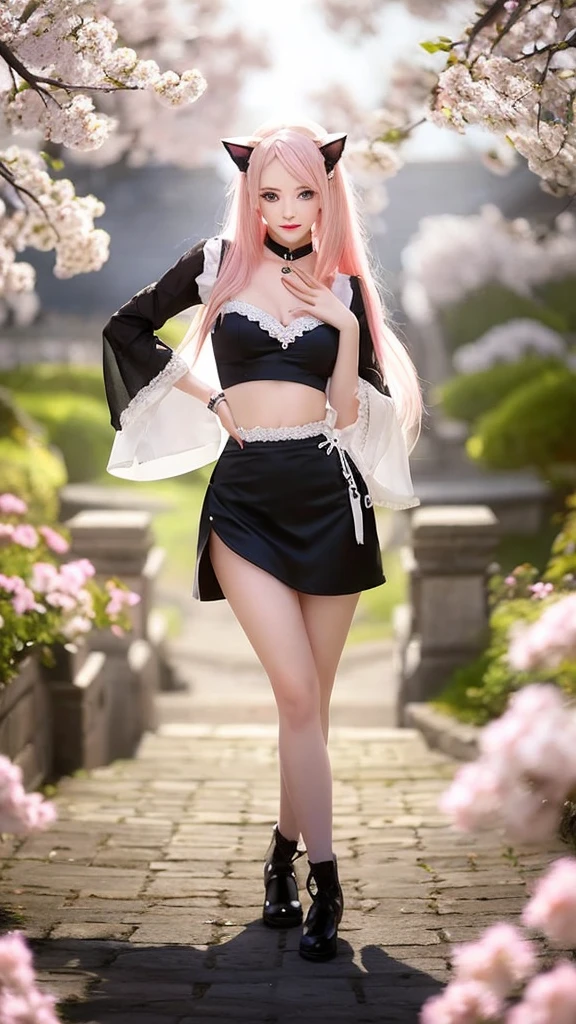 Handsome woman，Delicate facial features，Long pink hair，Pink cat ears，Pink Eyes，White top with sleeves,choker, Black Skirt,cherry blossoms，KHD，Very detailed，high quality，良いatmosphere，delicatessen，CG rendering，Detailed rendering，（Subtle facial image）（thin hair images）（最high quality）（Master's masterpieces）（High level of perfection）（atmosphere）
