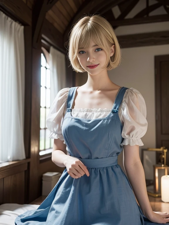 8K,Masterpiece,One woman,Smile,28 years old,blue eyes,Blonde Hair,Short Bob Hair,Maid clothes,Ella Freya, a beautiful Dutch YouTuber（Ella Freya),