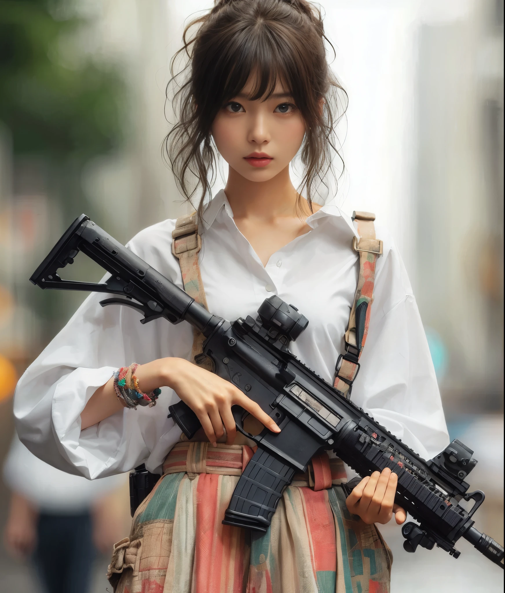 Realistic Photo、Beautiful Japanese Women、Tie-up hair、Near future、ＡＤ2050、White oversized dress shirt、Brightly colored wide pants、Used automatic rifle、sneakers、noon、Fire in the distance、walk
、Innovative composition、