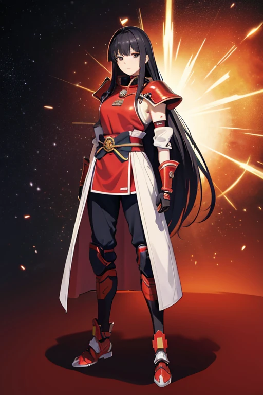 Anime Art,Full body portrait、Space SF soldiers、A female samurai wearing red armor, standing upright with her arms folded, about 170cm tall and around 36 years old、Calm expression、Long black hair、gloves、Arm guard、Leggers