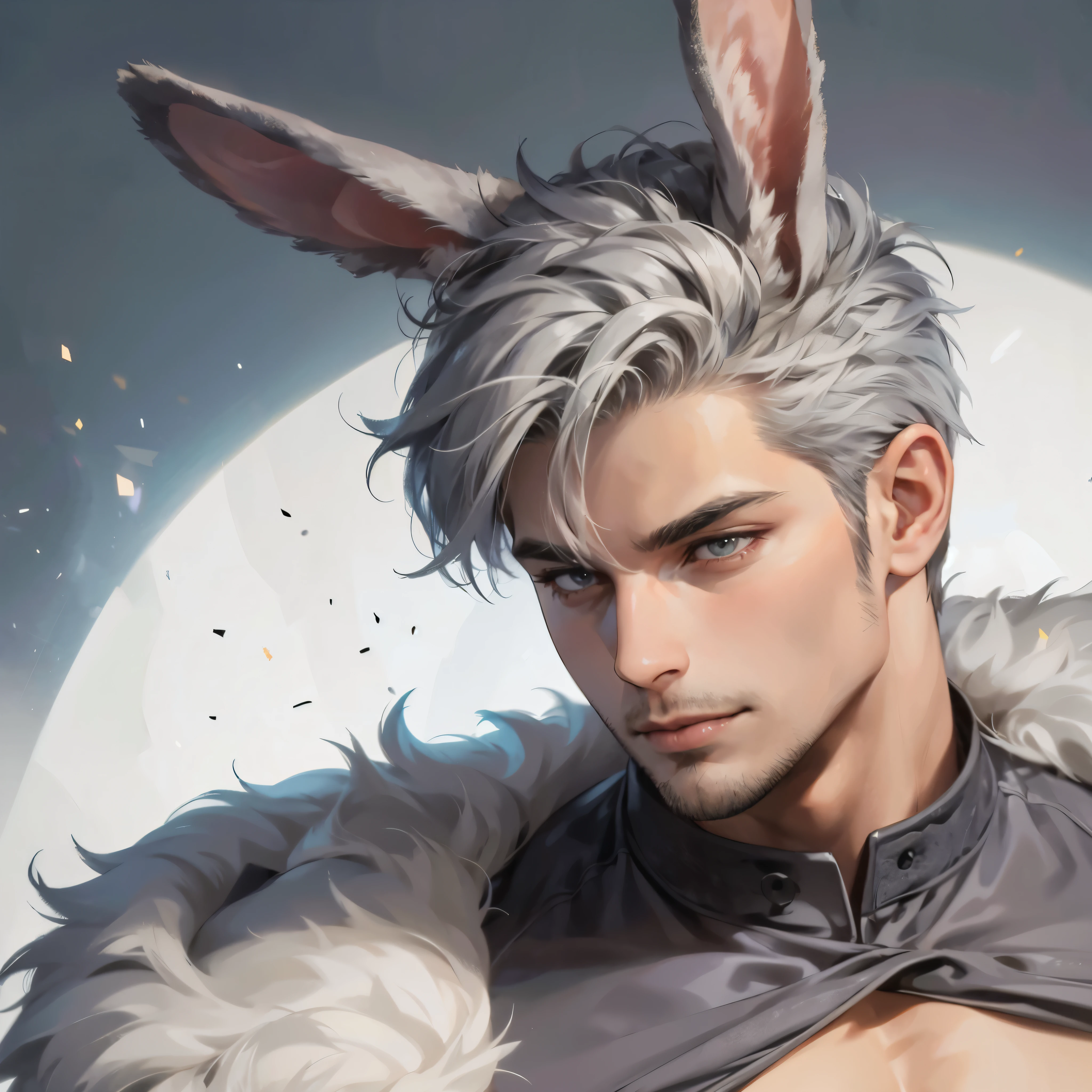 1man,handsome men,rabbit ear,muscular,gray hair,fur coat