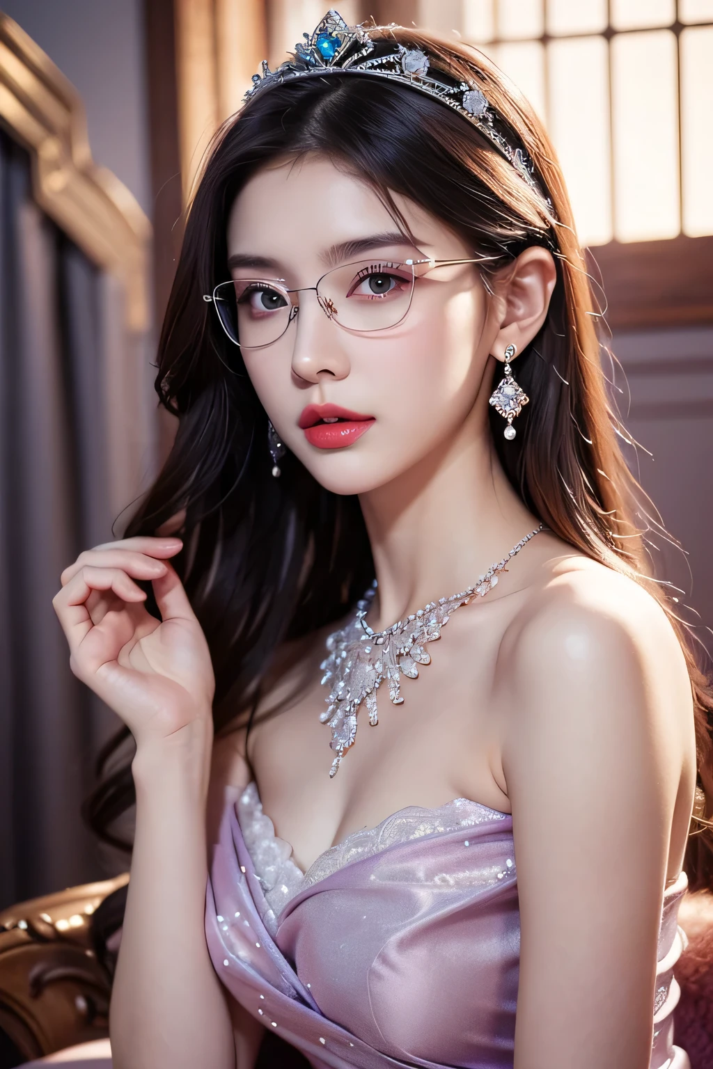 Top CG, Highest image quality, masterpiece, Gentle and beautiful girl, (185cm美女), (fit), Imperial sister, Queen temperament, White skin, ((Long legs)), perfect facial features, Bright Eyes, Seductive pose, Red lips, Beautiful and cold (A major breakthrough)), Beautiful and heroic, Soft and long hair, Glittering, Lace, net, Visible through clear skin, wear glasses, diamond earrings, ruby neckLace, (Purple dress), 8K Image Quality, (Realistic Portraits), Characters fill the screen, (Facial lighting), ((eternal)