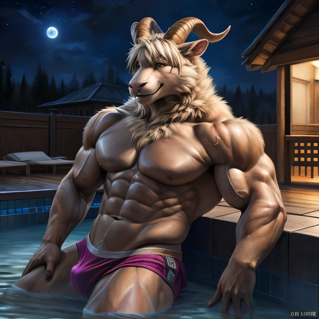 Azazel \(tokyo_afterschool_summoner\), goat, seductive smug face, orangish body, bodybuilder, muscular male, muscular, detailed muscles, detailed fur, bright fur, bright body, night, detailed face, high detailed, high resolution, underwear, high quality, detailed eyes, detailed background, thermal baths background, detailed muscular abs, huge muscular pecs, huge muscular biceps, thick muscular thighs, anthro, loincloth, male, full portrait, by bomb, by chunie, by bruteandbrawn, by personalami, by kenket, (intricate, high detail, film photography, soft focus, RAW candid cinema, photorealism, realistic, photorealistic, analog style, subsurface scattering, masterpiece, best quality, ultra realistic, 8k)