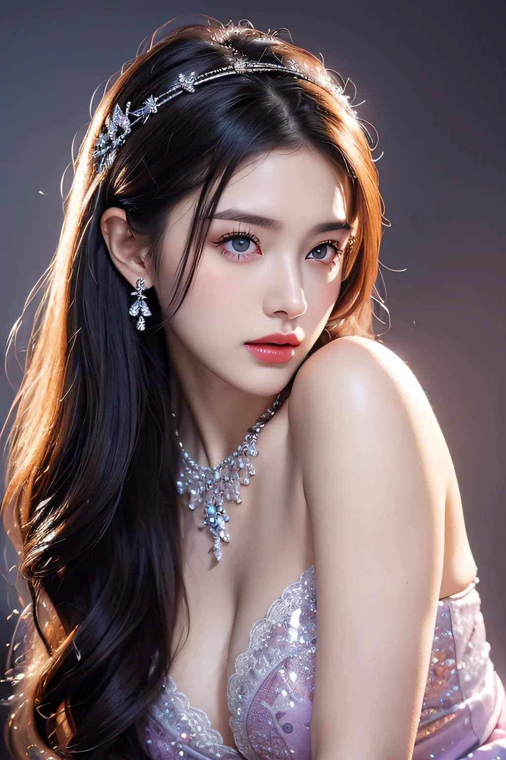Top CG, Highest image quality, masterpiece, Gentle and beautiful girl, (185cm美女), (fit), Imperial sister, Queen temperament, White skin, ((Long legs)), perfect facial features, Bright Eyes, Seductive pose, Red lips, Beautiful and cold (A major breakthrough)), Beautiful and heroic, Soft and long hair, Glittering, Lace, net, Visible through clear skin, wear glasses, diamond earrings, ruby neckLace, (Purple dress), 8K Image Quality, (Realistic Portraits), Characters fill the screen, (Facial lighting), ((eternal)
High-quality work,Realistic works,Super premium graphics,8K HD CG works,high quality graphics,High-definition and exquisite CG works,10x pixels,Ultra-fine details:1.1,Advanced technical details:1.1Realistic photo effects,Interior lighting effects:1.5,natural soft light:1.5. Light effect(Virtual light effects:1.8),ultra high resolution,shining dress,sliver long hair,silber hair,transparenthair,high detailed hair(Quality hair details:1.1)Clear eyes,Double eyelids look good,Sharp eye makeup, Create exquisite eyelash makeup, tthin eyebrows, Ultra-detailed eyes,a tall nose, lovely red lips, rosey cheeks, With delicate makeup on her face , pretty face, The face shape is perfectly proportioned,(Advanced facial details:1.1)Gentle and beautiful girl, (185cm美女), (fit), Imperial sister, Queen temperament, White skin, ((Long legs)), perfect facial features, Bright Eyes, Seductive pose, Red lips, Beautiful and cold (A major breakthrough)), Beautiful and heroic, Soft and long hair, Glittering, Lace, net, Visible through clear skin, wearing glasses eyes, diamond earrings, ruby neckLace, (Purple dress), 8K Image Quality, (Realistic Portraits), Characters fill the screen, (Facial lighting), ((eternal) ,Women's artwork,Dress full body video,Realism,Amazing Cleavage,My eyes are very bright today