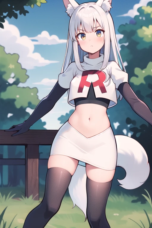 (masterpiece, best quality, highly detailed), 1girl, cowboy shot, lico, outside, trees, grass, sun, clouds, sky, team rocket,team rocket uniform,white skirt,red letter R,crop top,black thigh-highs,black elbow gloves , blush, fox ears, fox tail