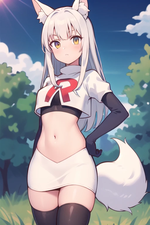(masterpiece, best quality, highly detailed), 1girl, cowboy shot, lico, outside, trees, grass, sun, clouds, sky, team rocket,team rocket uniform,white skirt,red letter R,crop top,black thigh-highs,black elbow gloves , blush, fox ears, fox tail
