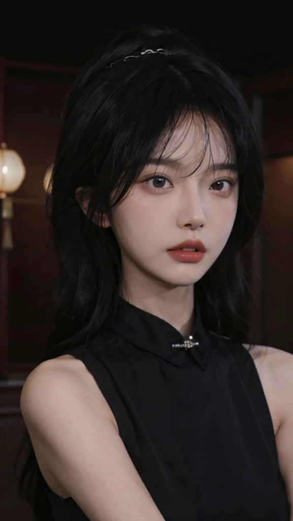 best qualtiy,tmasterpiece,Ultra-high resolution,(realisticlying:1.4),a close up of a woman with long black hair wearing a black dress, Cai Xukun, gorgeous chinese models, Gorgeous young Korean woman, beautiful Korean women, yanjun cheng, Xianxia, full-body xianxia, xintong chen, ruan jia beautiful!, Beautiful young Korean woman, xision wu, Inspired by Huang Ji, gongbi, wear black bikini
