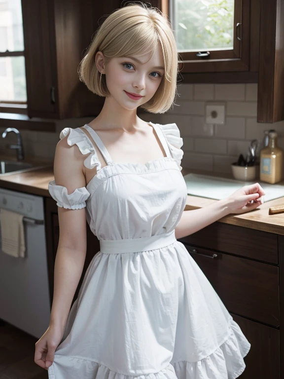 8K,Masterpiece,One woman,Smile,28 years old,blue eyes,Blonde Hair,Short Bob Hair,(Maid clothes),Ella Freya, a beautiful Dutch YouTuber（Ella Freya),