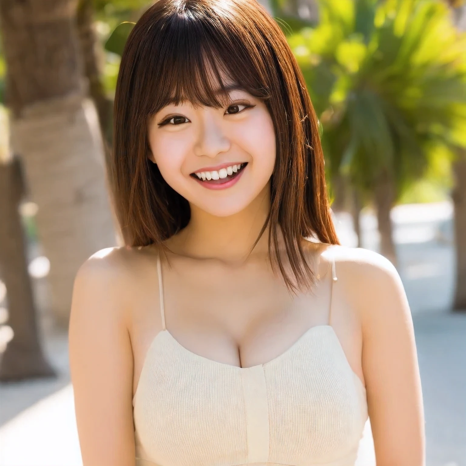 1girl
3d
asian
bangs
bare shoulders
blurry
blurry background
blurry foreground
bokeh
brown eyes
brown hair
collarbone
cosplay photo
day
depth of field
dress
film grain
grin
lips
long hair
looking at viewer
motion blur
open mouth
outdoors
palm tree
photo \(medium\)
photo background
photo inset
photorealistic
realistic
sleeveless
smile
solo
teeth
tree
upper body