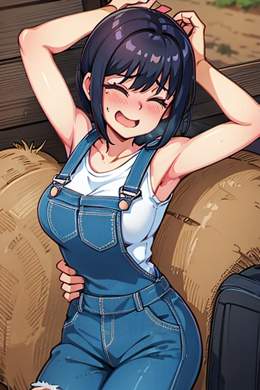 sexy country girl, wearing overalls, pant legs rolled up, tank top, arms are held above her head, in the haystacks, laying on her back, farm land, laughing hard, excited,eyes closed in laughter, sides being pinched by others, fingers poke her torso, POV from aobve, outdoors,