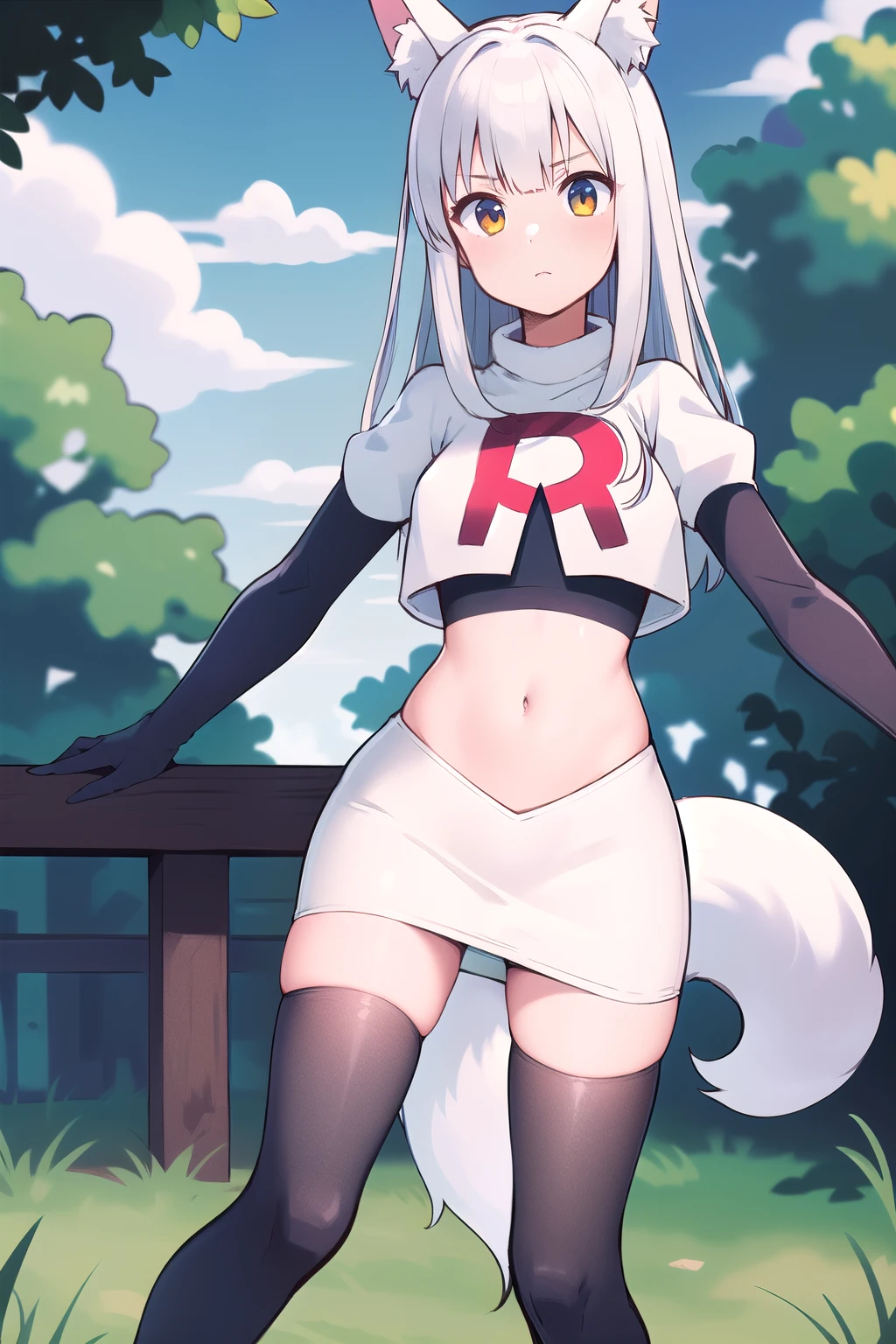 (masterpiece, best quality, highly detailed), 1girl, cowboy shot, lico, outside, trees, grass, sun, clouds, sky, team rocket,team rocket uniform,white skirt,red letter R,crop top,black thigh-highs,black elbow gloves , blush, fox ears, fox tail