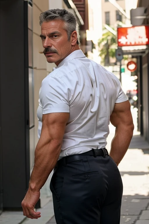 age 60, white man police detective with a mature, backside, kind demeanor, strong and muscular yet chubby build, mustache, wearing dress pants and a buttoned-open translucent shirt that reveals a hairy chest and a noticeable bulge, wearing detective badge on belt, giving off a hint of a horny yet disgusting aura, completing the look with comfortable loafers. Shirtless backside big butt creme trouser bent