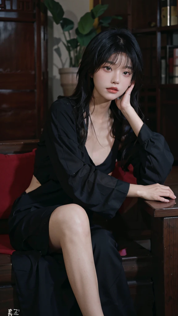 best qualtiy,tmasterpiece,Ultra-high resolution,(realisticlying:1.4),a close up of a woman with long black hair wearing a black dress, Cai Xukun, gorgeous chinese models, Gorgeous young Korean woman, beautiful Korean women, yanjun cheng, Xianxia, full-body xianxia, xintong chen, ruan jia beautiful!, Beautiful young Korean woman, xision wu, Inspired by Huang Ji, gongbi, wear black bikini, perfect breats