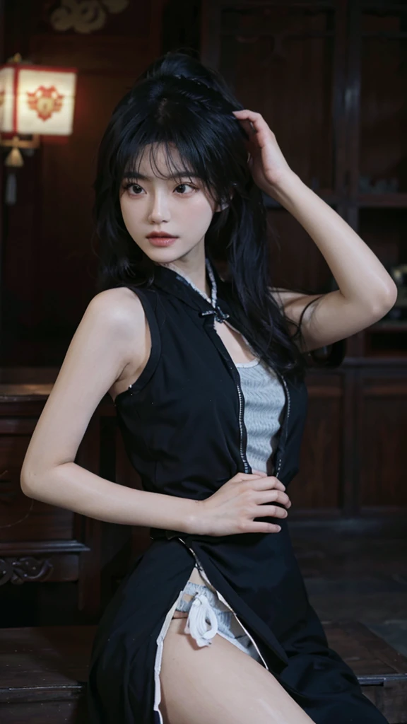 best qualtiy,tmasterpiece,Ultra-high resolution,(realisticlying:1.4),a close up of a woman with long black hair wearing a black dress, Cai Xukun, gorgeous chinese models, Gorgeous young Korean woman, beautiful Korean women, yanjun cheng, Xianxia, full-body xianxia, xintong chen, ruan jia beautiful!, Beautiful young Korean woman, xision wu, Inspired by Huang Ji, gongbi, wear black bikini, perfect breats