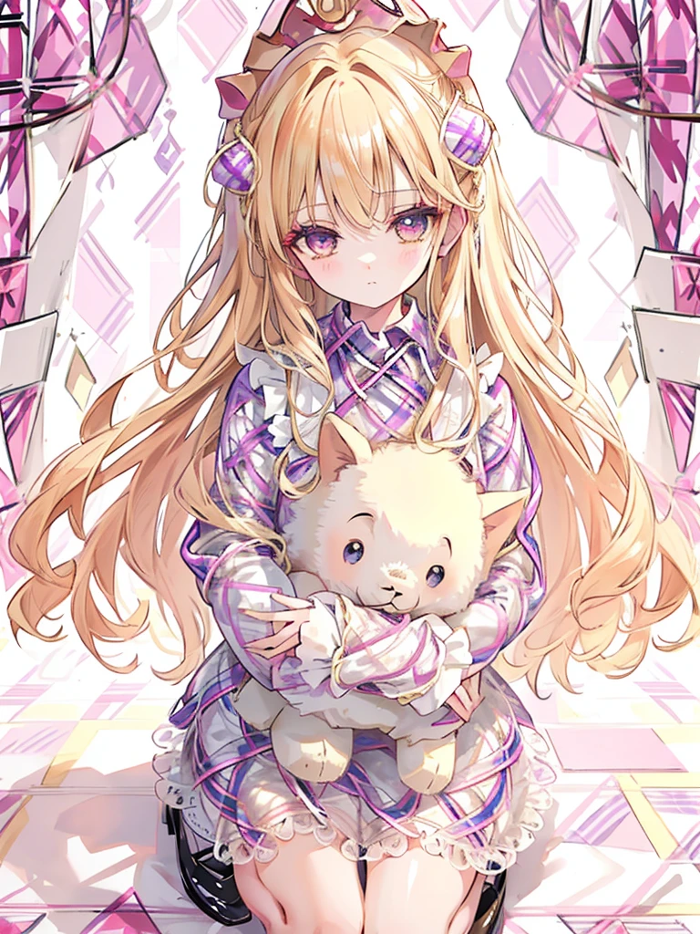 girl,light golden hair,long hair with curls,BREAK//(double sleeve long sleeve),((clothes with lots of frills)),(Shiny cute loafer shoes),((BREAK//)),((plaid patterned background:1.6)),close up of face,(holding a stuffed rabbit)