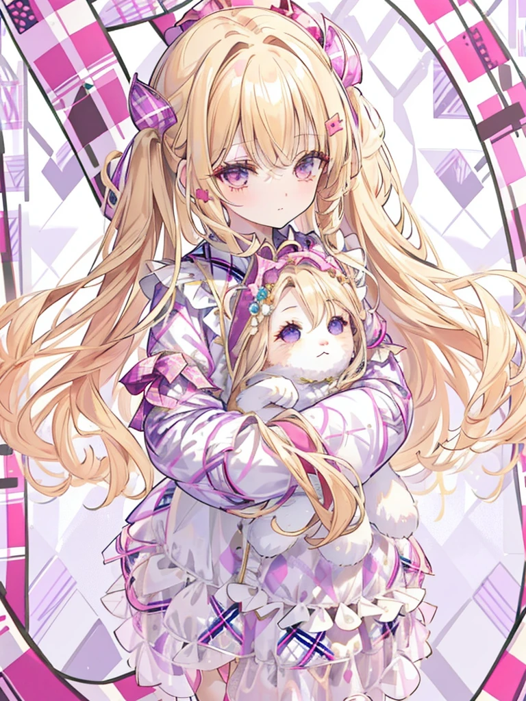 girl,light golden hair,long hair with curls,BREAK//(double sleeve long sleeve),((clothes with lots of frills)),(Shiny cute loafer shoes),((BREAK//)),((plaid patterned background:1.6)),close up of face,(holding a stuffed rabbit)