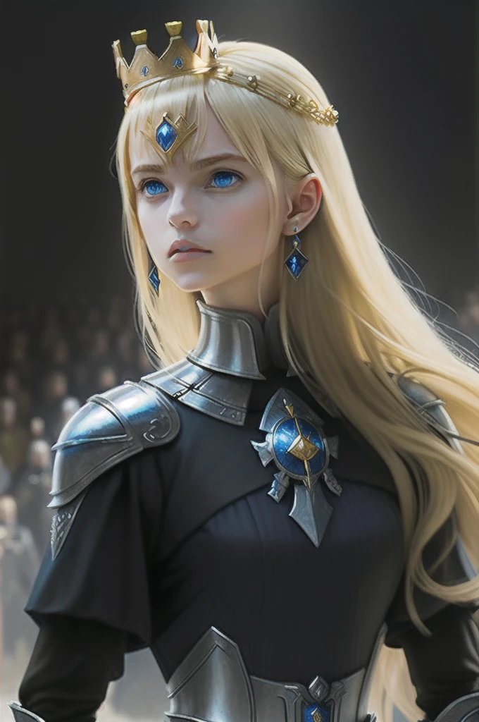 masterpiece,best quality,1 Girl, Solitary, blue eyes, Blonde hair, Long hair, armor, jewelry, Looking at the audience, Upper Body, earrings, parted Lips, crown, gauntlet, Gloves, shoulder armor, black Gloves, Bangs, Lips