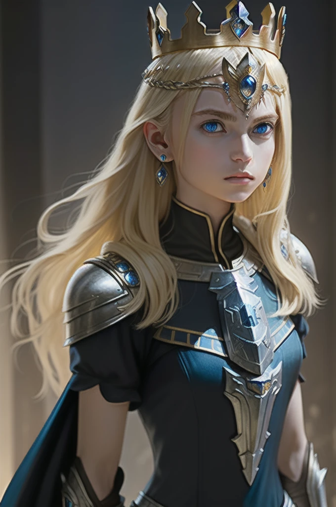 masterpiece,best quality,1 Girl, Solitary, blue eyes, Blonde hair, Long hair, armor, jewelry, Looking at the audience, Upper Body, earrings, parted Lips, crown, gauntlet, Gloves, shoulder armor, black Gloves, Bangs, Lips