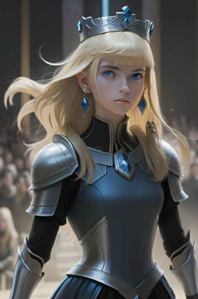 masterpiece,best quality,1 Girl, Solitary, blue eyes, Blonde hair, Long hair, armor, jewelry, Looking at the audience, Upper Body, earrings, parted Lips, crown, gauntlet, Gloves, shoulder armor, black Gloves, Bangs, Lips