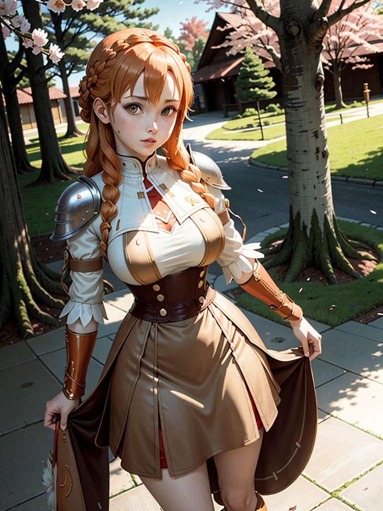 asuna, ((masterpiece)), highres, asuna (sao), crown braid, light orange hair, armor, cherry blossoms, dutch angle