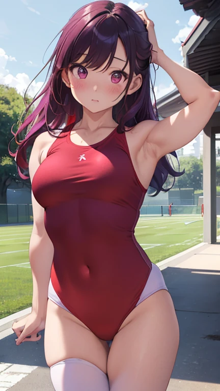 masterpiece、highest quality、Very detailed、Photograph the upper body、1 female、(Arms behind your back:1.4)、Are standing、Turn your body forward、View your viewers、(white gymwear,red buruma:1.4)、blush、shy、Purple Hair、Open your mouth、outdoor sports field、Big Breasts、