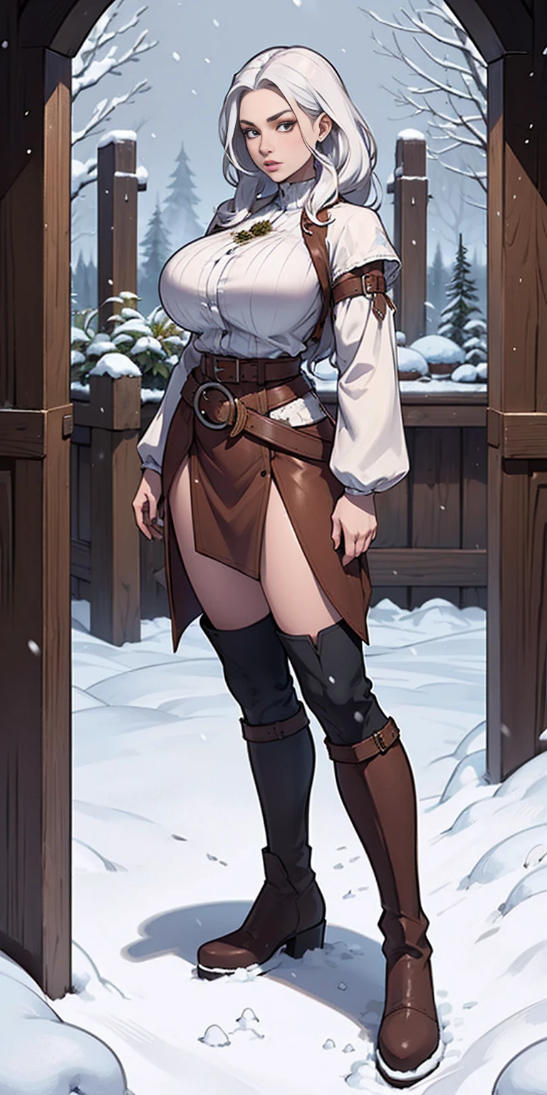 full body standing straight symmetrical, FEMALE warrior princess, big belt around waist, hair, very white skin like snow, wearing full HERBALIST CLOTHES, brown leather boots, HERBALIST outfit, MILF bimbo