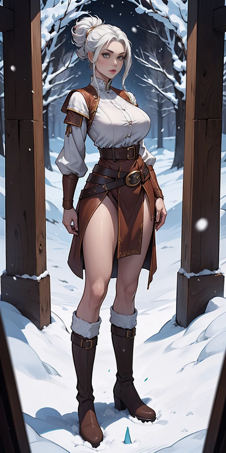 full body standing straight symmetrical, FEMALE warrior princess, big belt around waist, hair, very white skin like snow, wearing full HERBALIST CLOTHES, brown leather boots, HERBALIST outfit, MILF bimbo