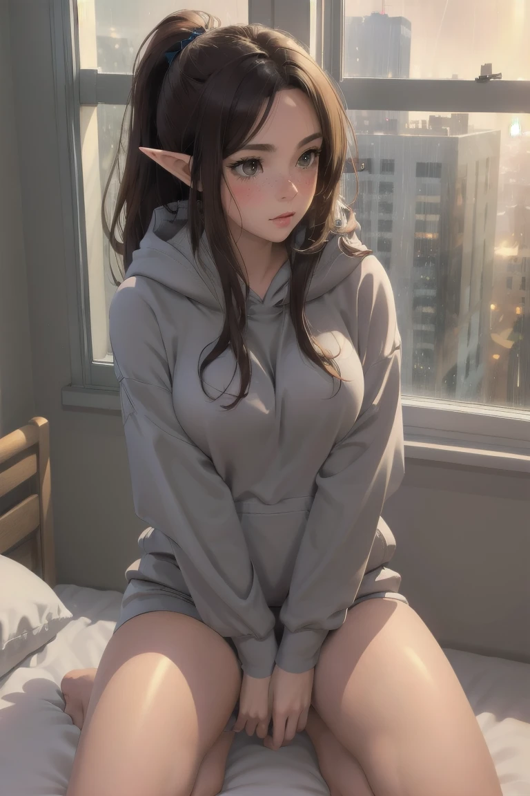 (elf girl), master piece, blushing, freckles, wide hips, slim waist, thick thighs, masterpiece, best quality, sfw, mature 36 year old woman, brown hair, moist face,  wavy hair, mouth open, shiny. lips, beutiful round eyes, oversized hoodie, (thick thighs), thick hoodie, inside city apartment, raining outside, rainy day, navy rain, inside, standing nest to bed next to window, nightime, raindrops on window, dark out, mood light, soft lap light, cozy mood, Lofi astetic, the scene emulates an immense feeling of comfort and safety, modern cityscapes, skyscraper nightlights visable through window, midnight, completely dark out, orange lighting, orange moodnlight, Beautiful eyes, the most beautiful eyes youve ever seen, shiny thighs,  pointy ears, dark room, extremely dark bedroom, oversized hoodie, Extremely oversized hoodie, bare legs, ponytail,feet on bed, knees close to face, knees up, hugging knees, arms around knees, (hugging own legs), longn torso, long legs, slender thighs