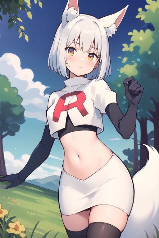 (masterpiece, best quality, highly detailed), 1girl, cowboy shot, lico, outside, trees, grass, sun, clouds, sky, team rocket,team rocket uniform,white skirt,red letter R,crop top,black thigh-highs,black elbow gloves , blush, fox ears, fox tail