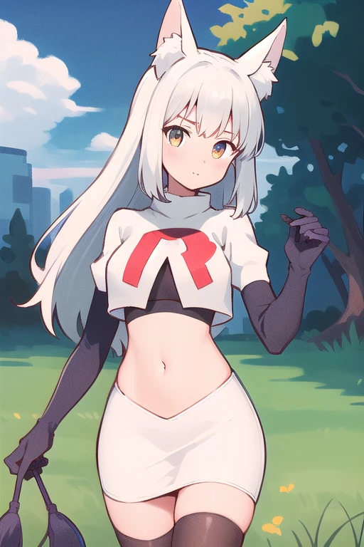 (masterpiece, best quality, highly detailed), 1girl, cowboy shot, lico, outside, trees, grass, sun, clouds, sky, team rocket,team rocket uniform,white skirt,red letter R,crop top,black thigh-highs,black elbow gloves , blush, fox ears, fox tail