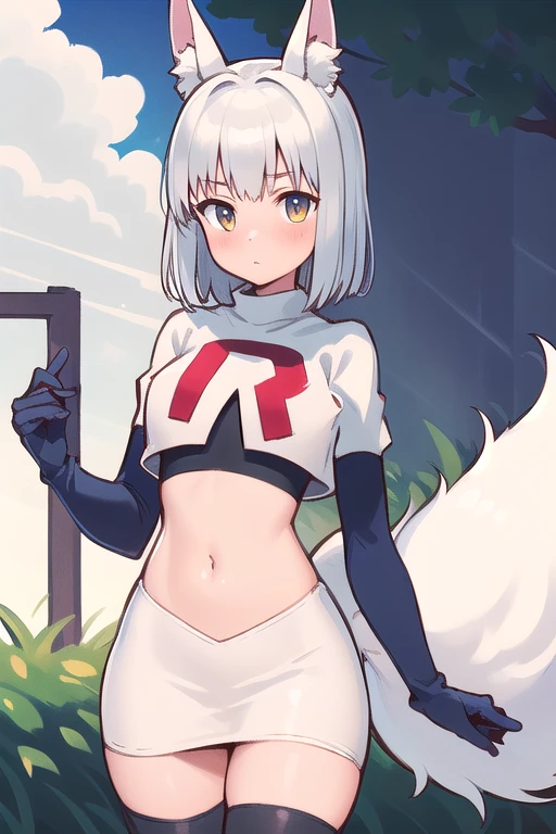 (masterpiece, best quality, highly detailed), 1girl, cowboy shot, lico, outside, trees, grass, sun, clouds, sky, team rocket,team rocket uniform,white skirt,red letter R,crop top,black thigh-highs,black elbow gloves , blush, fox ears, fox tail