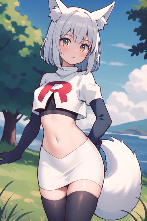 (masterpiece, best quality, highly detailed), 1girl, cowboy shot, lico, outside, trees, grass, sun, clouds, sky, team rocket,team rocket uniform,white skirt,red letter R,crop top,black thigh-highs,black elbow gloves , blush, fox ears, fox tail