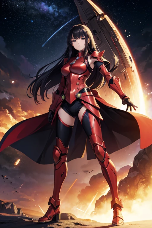 Anime Art,Full body portrait、Space SF soldiers、A female warrior in armor, around 36 years old, around 170cm tall, wearing red armor, with her arms folded、Calm expression、Long black hair、gloves、Arm guard、Leggers