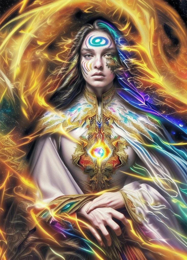(masterpiece, top quality, best quality, official art, Beautiful and beautiful:1.2), (1 Girl), extremely detailed eyes, (Fractal Art:1.3), rich and colorful, The most detailed, (Perfect face), Glowing skin, HDR, (White cape with golden lines:1.2), galaxy, (Light streaks), Eye-Catching Visuals, (Dynamic Stripes, Luminous trails:1.2), Vibrant colors, (Phoenix), (dragon)